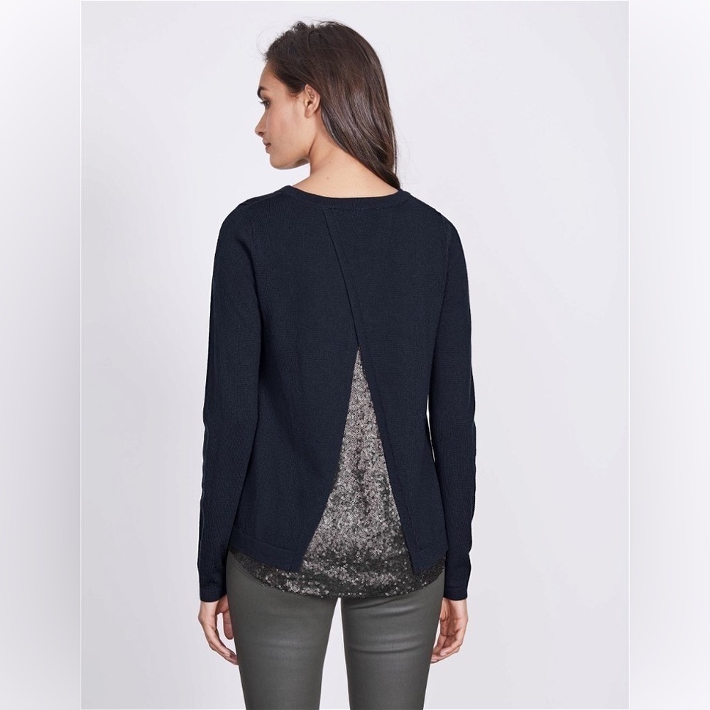 BODEN Navy Blue Merino Wool Open Wrap Lila Sequin Back Jumper Sweater Small